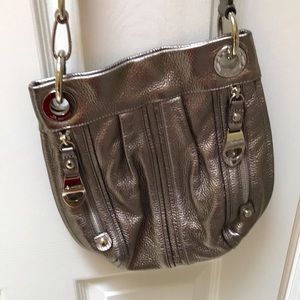 B Makowsky pewter leather crossbody bag.